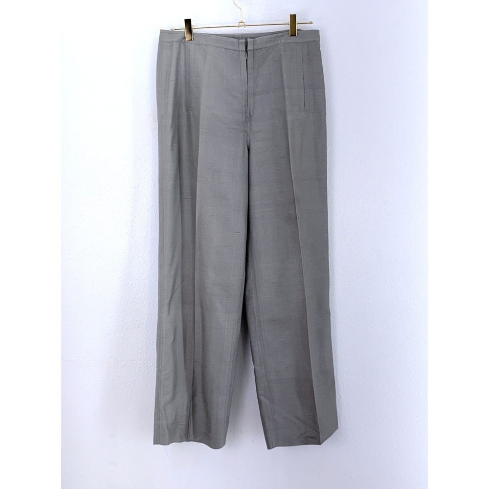 Via Seta Pants Gray 100% Raw Silk Straight Leg Trousers Size 10